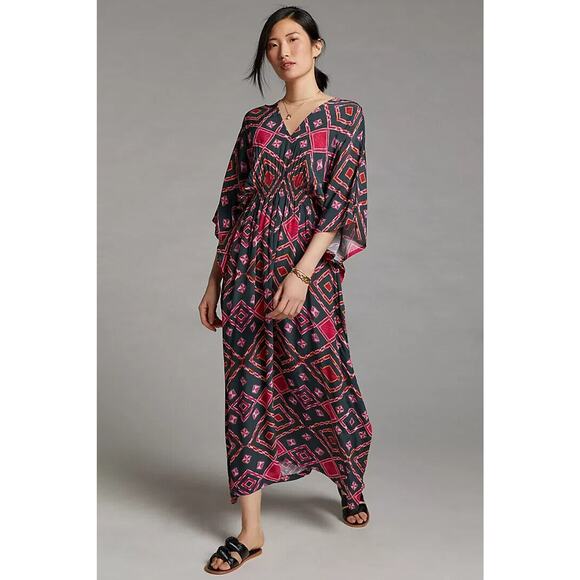 ANTHROPOLOGIE RUJUTA SHETH Marie Cinched Caftan in Black Red Diamond Print - Picture 2 of 15